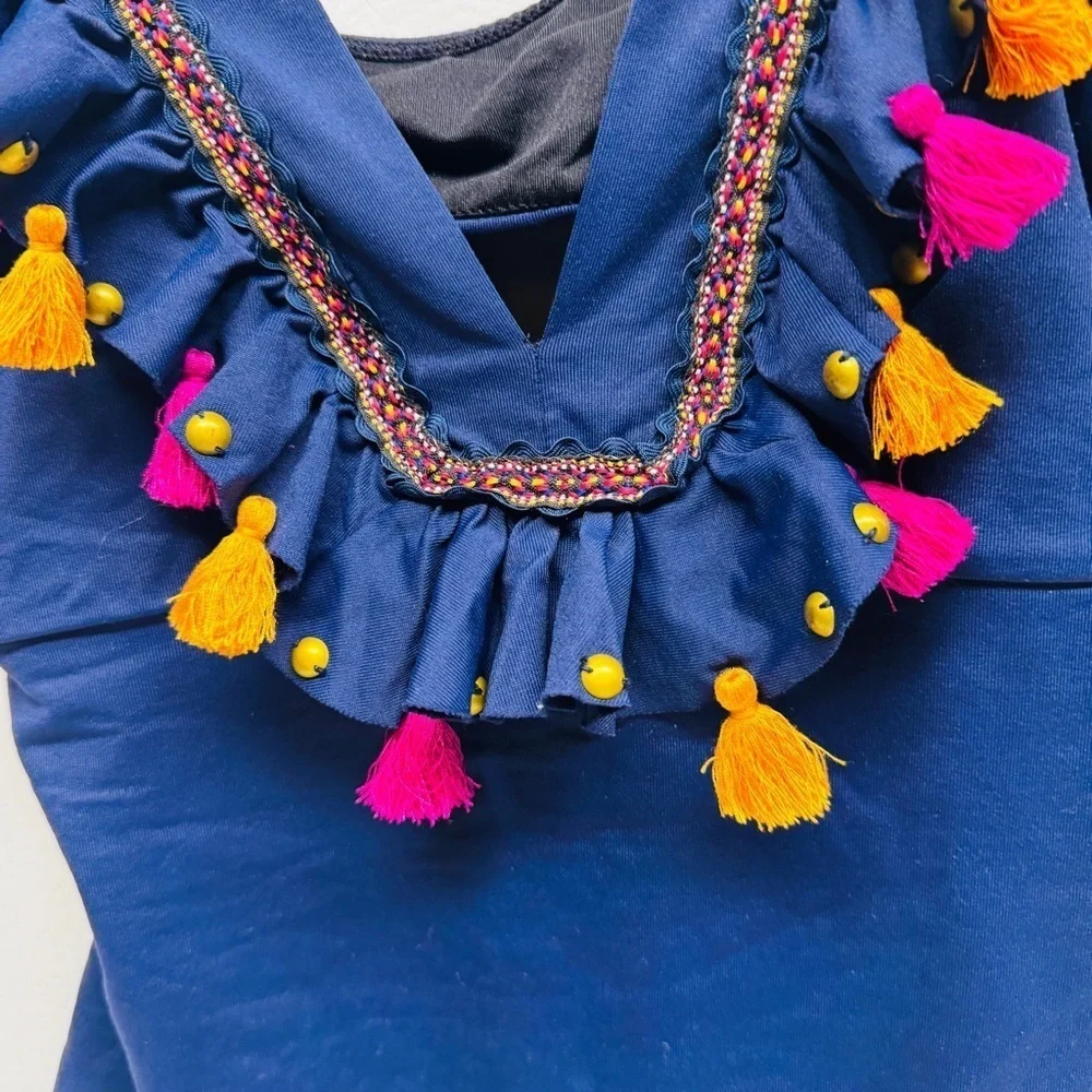 ONDA DE MAR Women’s size M Navy Swimsuit with Colorful Tassels